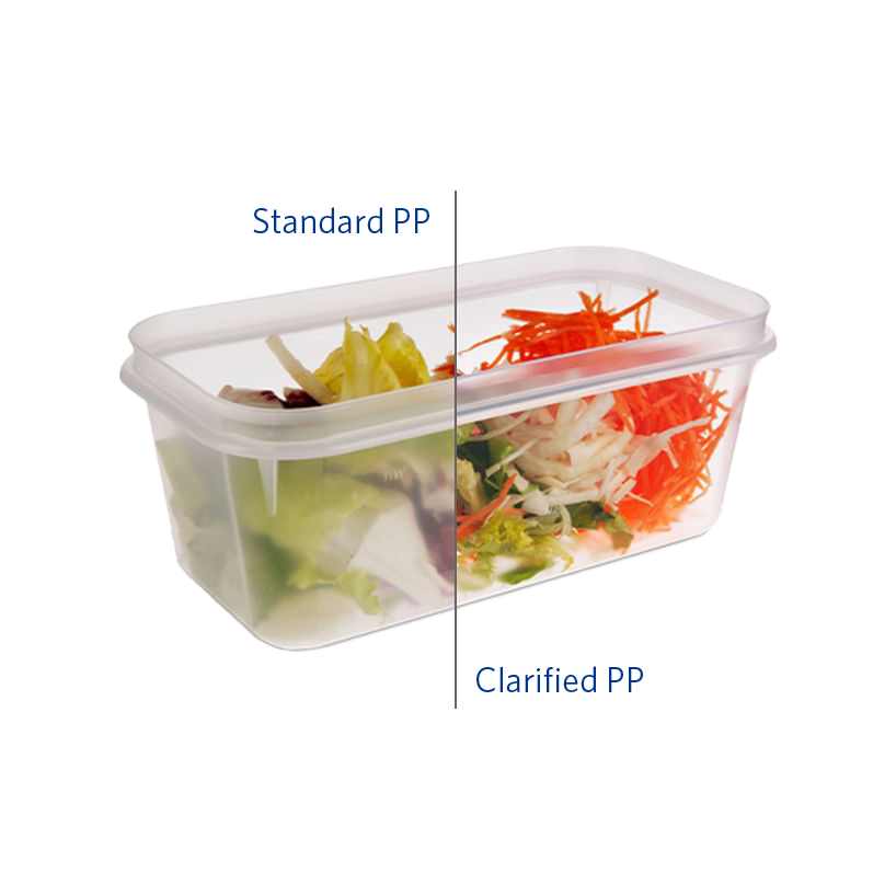 Image of a plastic container, showing how Milliken clarifiers for polypropylene lead to faster production in injection molding